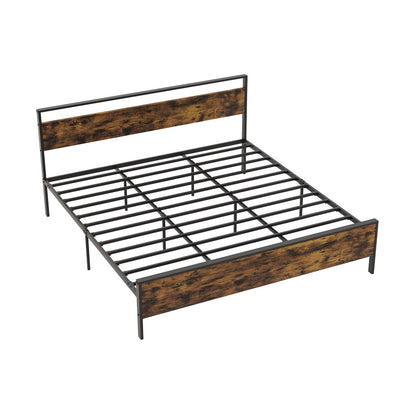 King Metal Bed Frame Industrial Platform Bed with Wooden Headboard-King Size - King Size