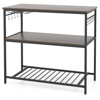 Kitchen Island with 3 Shelves Wine Glass Holders and 10 Hooks-Gray