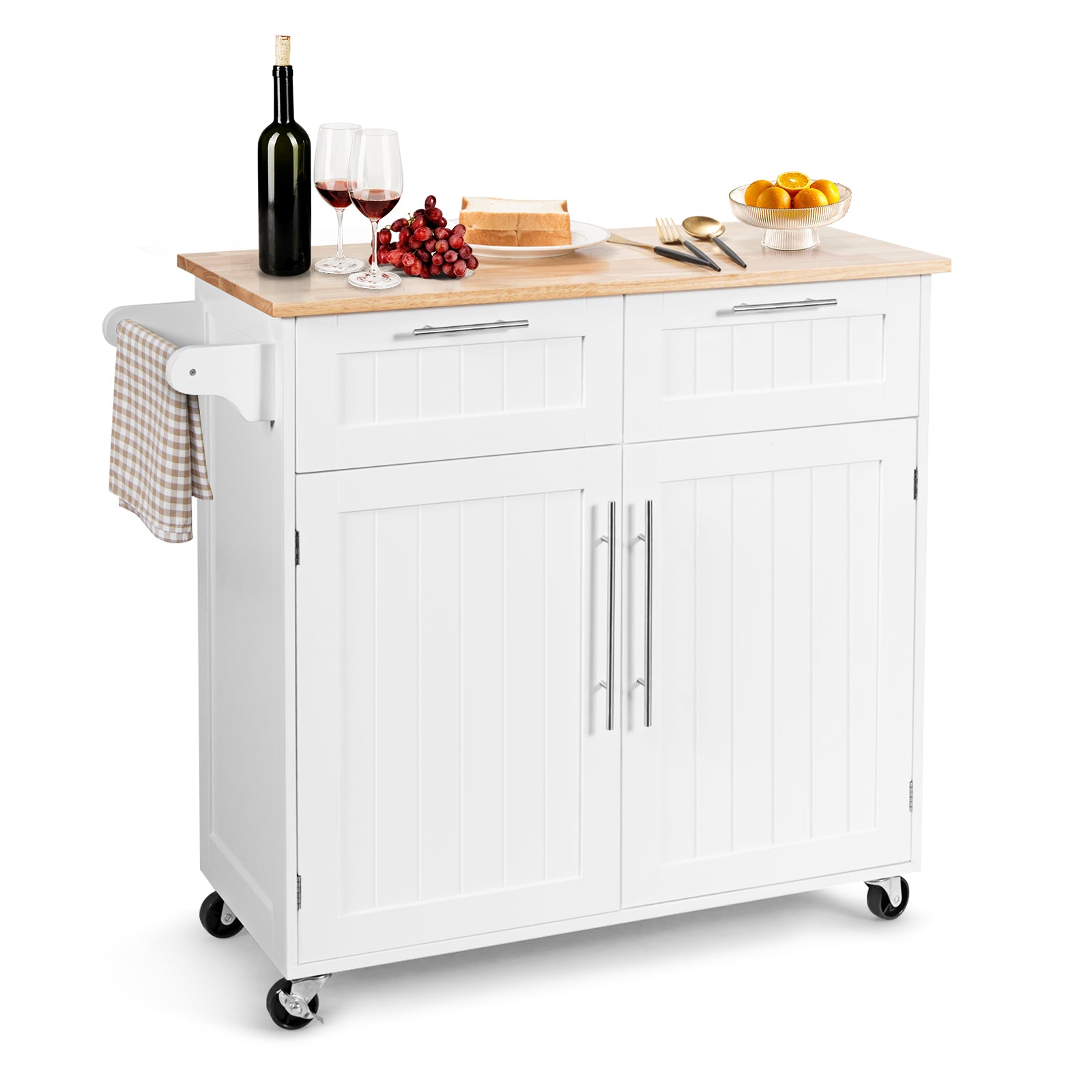 Heavy Duty Rolling Kitchen Cart with Tower Holder and Drawer-Black - White