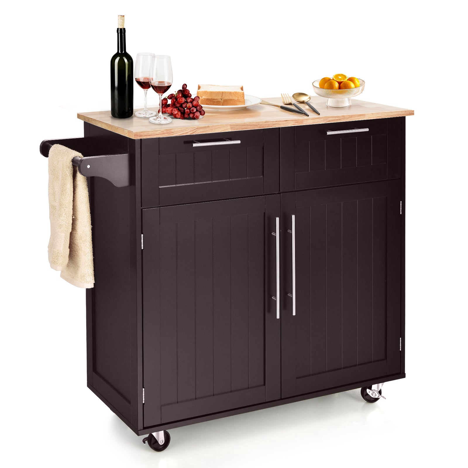 Heavy Duty Rolling Kitchen Cart with Tower Holder and Drawer-Black - Brown