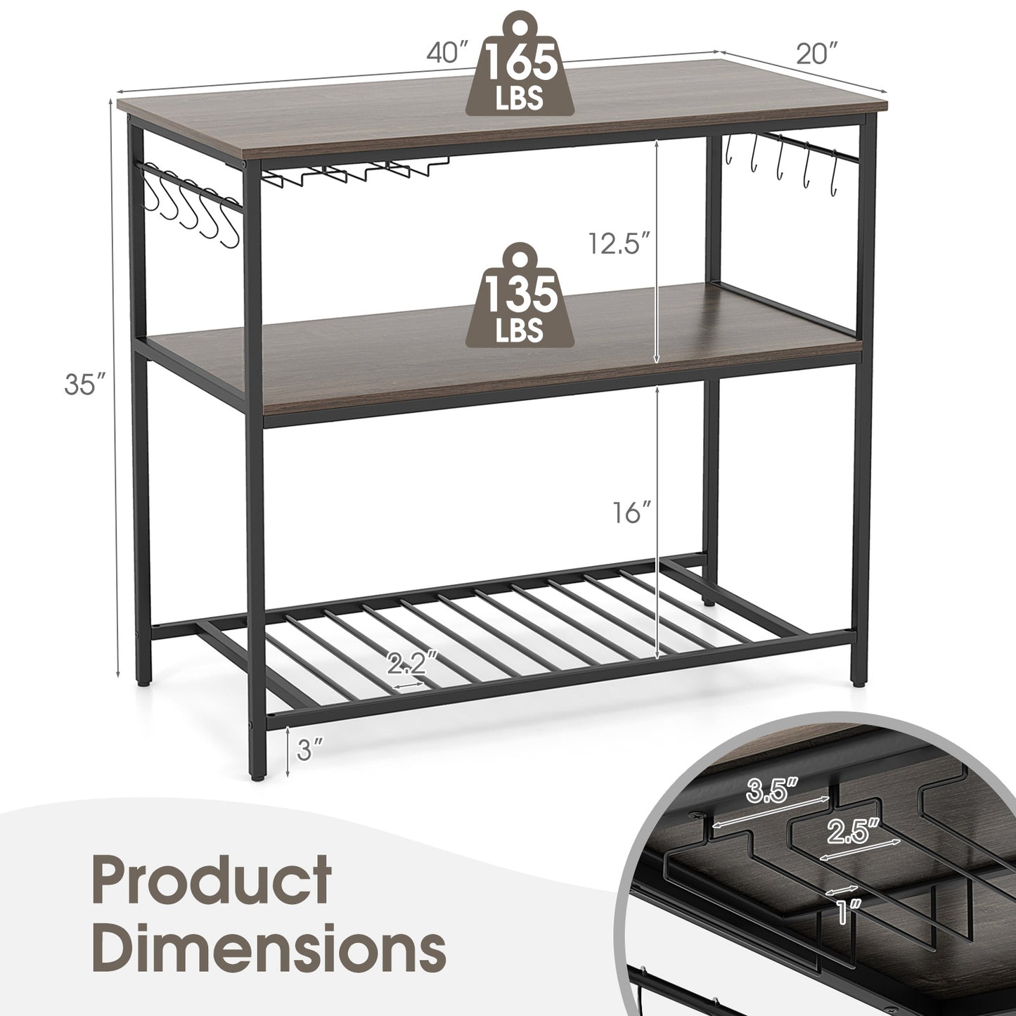 Kitchen Island with 3 Shelves Wine Glass Holders and 10 Hooks-Gray