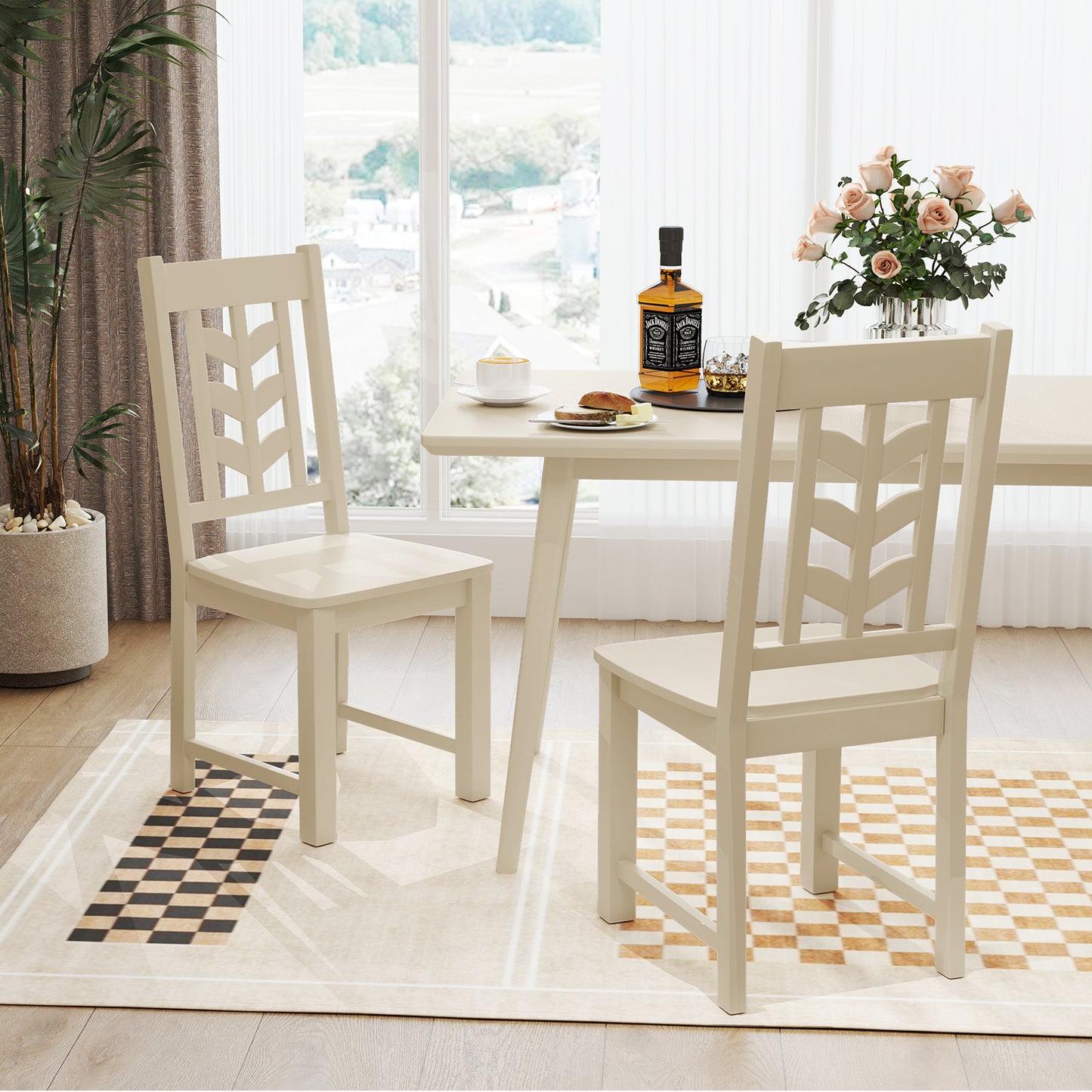 Kitchen Side Dining Chair Set of 2 with Rubber Wood Frame-Cream White