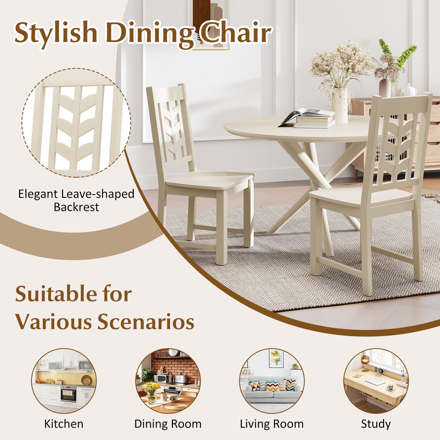 Kitchen Side Dining Chair Set of 2 with Rubber Wood Frame-Cream White