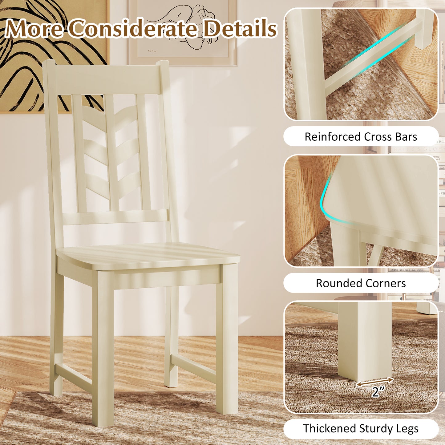 Kitchen Side Dining Chair Set of 2 with Rubber Wood Frame-Cream White