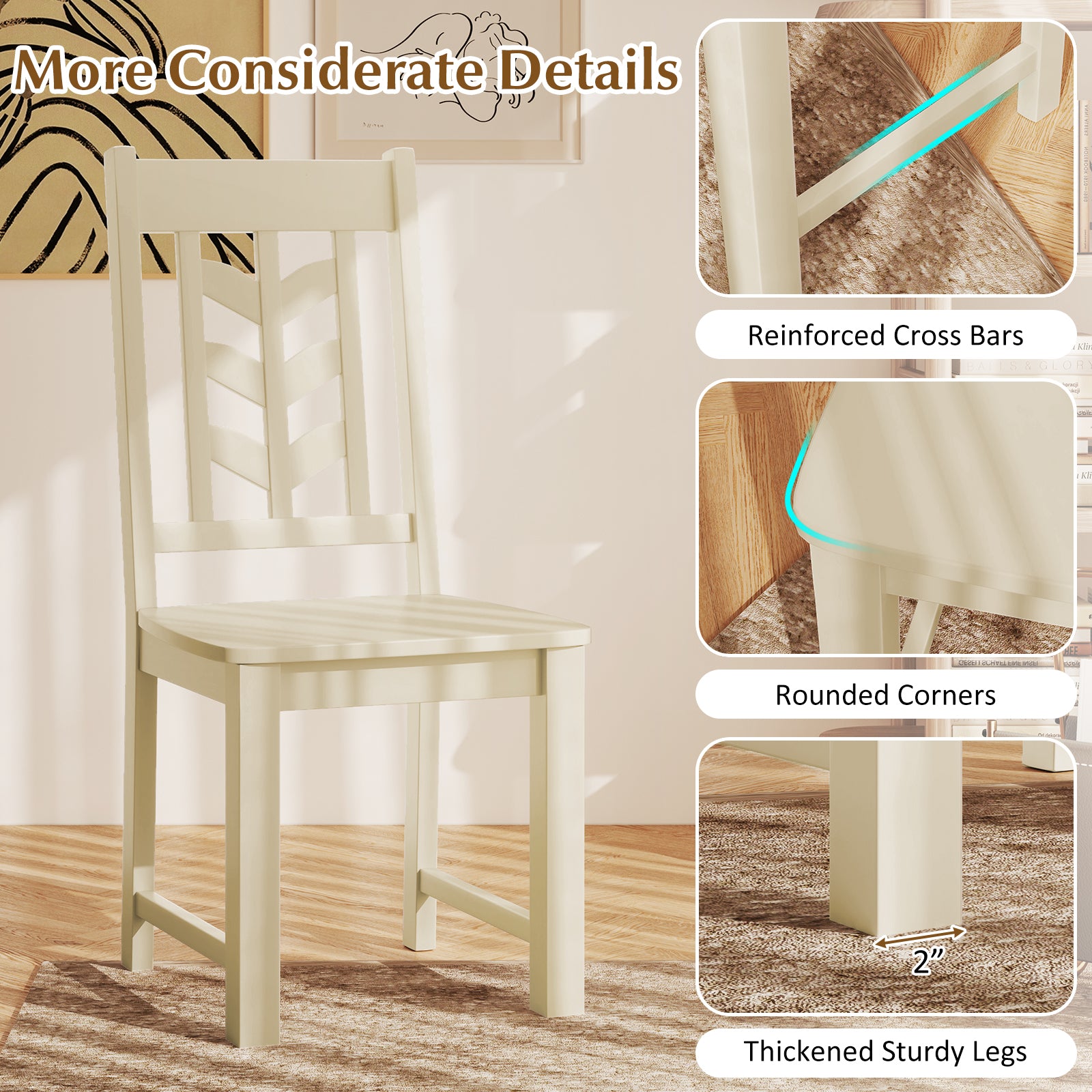 Kitchen Side Dining Chair Set of 2 with Rubber Wood Frame-Cream White