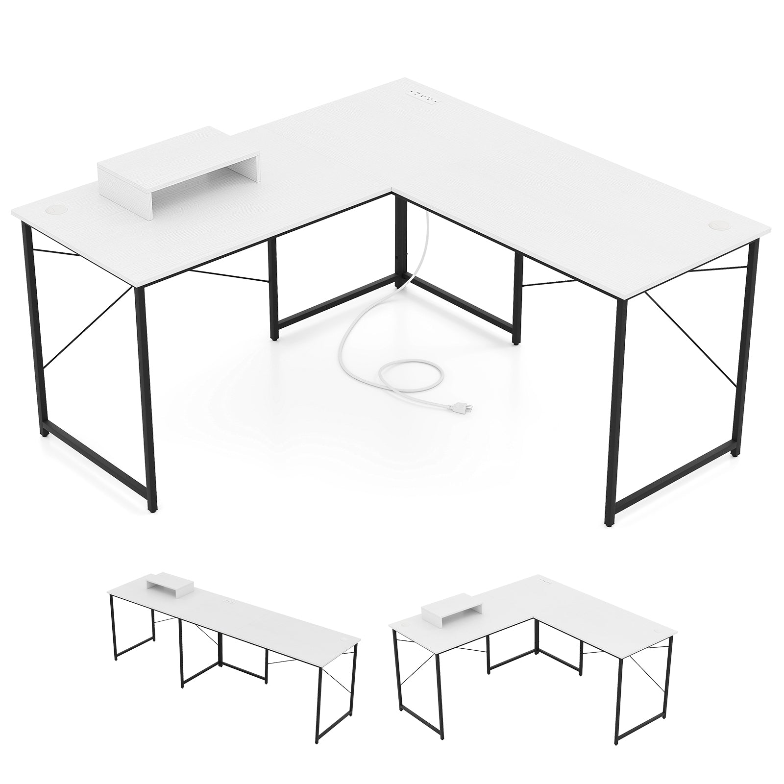 95 Inch 2-Person L-Shaped Long Reversible Computer Desk with Monitor Stand-Gray - White