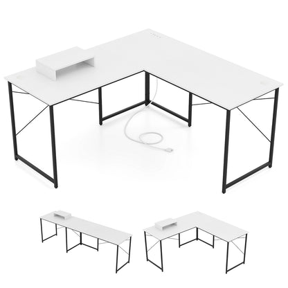 95 Inch 2-Person L-Shaped Long Reversible Computer Desk with Monitor Stand-Gray - White