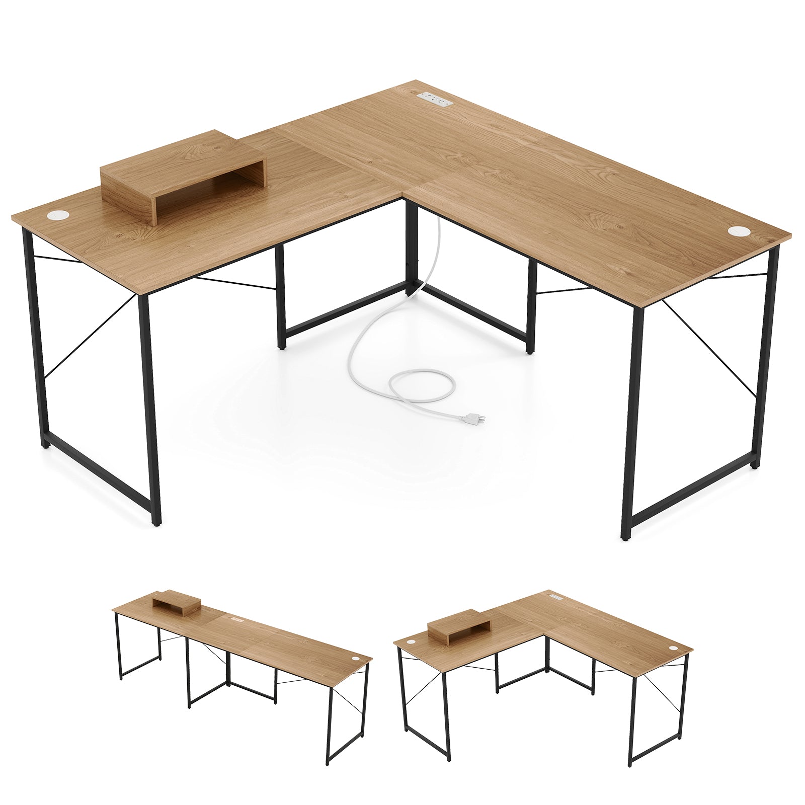95 Inch 2-Person L-Shaped Long Reversible Computer Desk with Monitor Stand-Gray - Natural