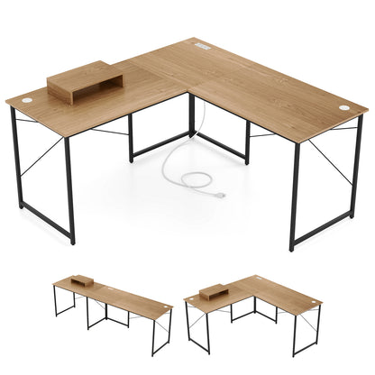 95 Inch 2-Person L-Shaped Long Reversible Computer Desk with Monitor Stand-Gray - Natural
