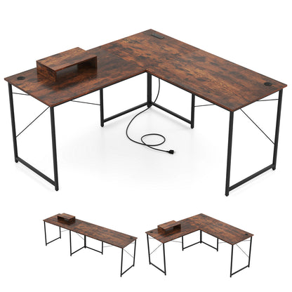 95 Inch 2-Person L-Shaped Long Reversible Computer Desk with Monitor Stand-Gray - Rustic Brown
