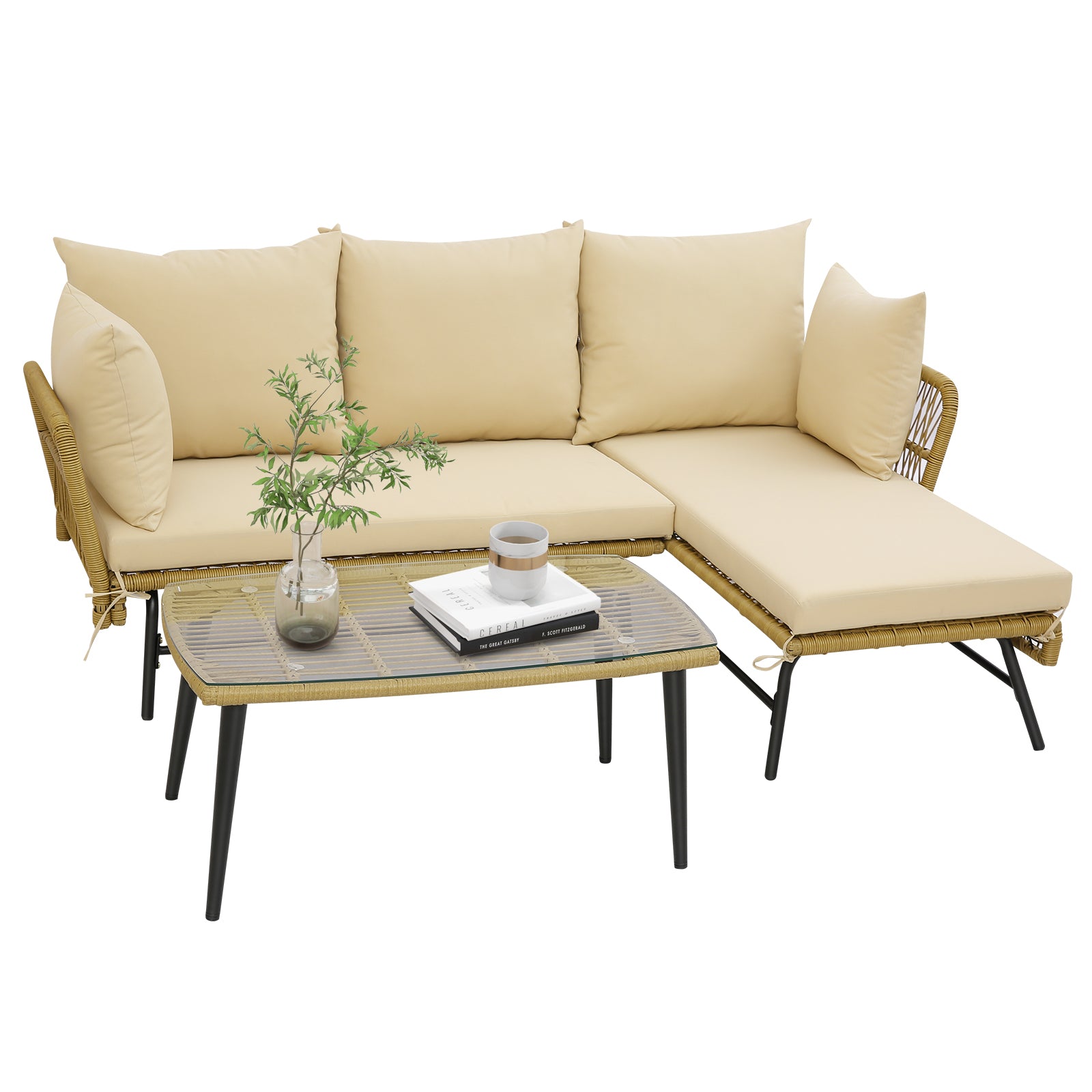 3 Pieces L-Shaped Patio Sofa with Cushions and Tempered Glass Table-Beige - Beige