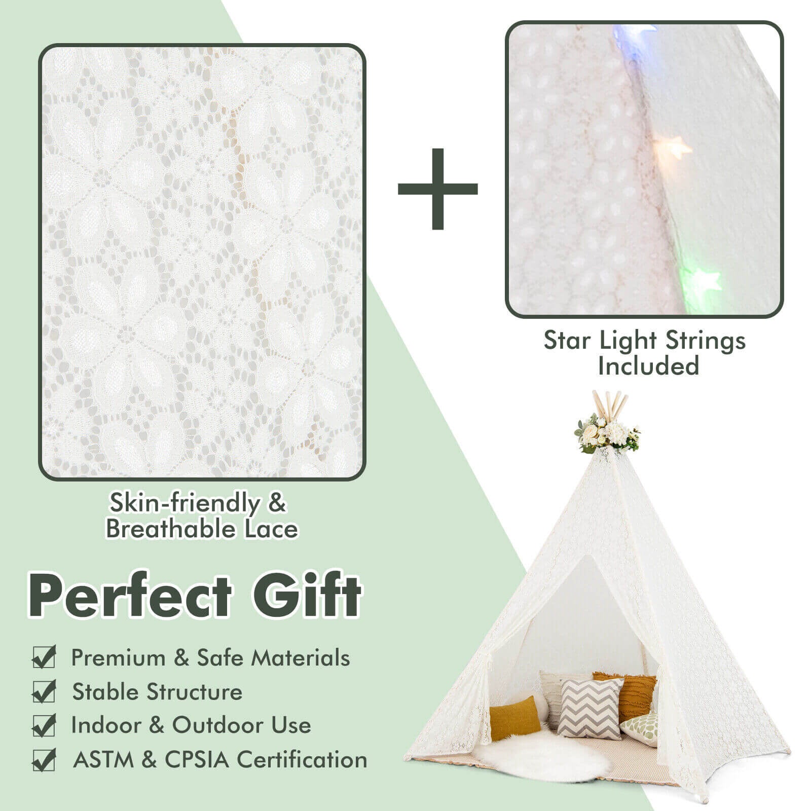 Lace Teepee Tent with Colorful Light Strings for Children