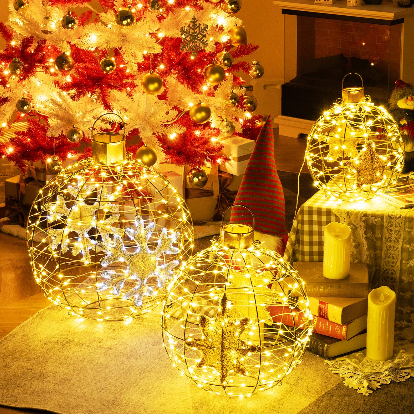 3 Pieces Pre-Lit Lantern Balls with 732 Bright LED Lights and Ground Stakes