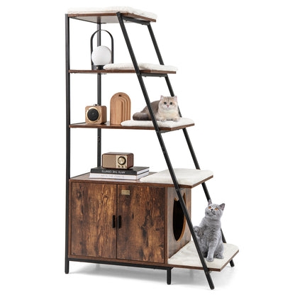 Large Cat Litter Box Enclosure with Storage and Ladder Shelf-Rustic Brown - Rustic Brown