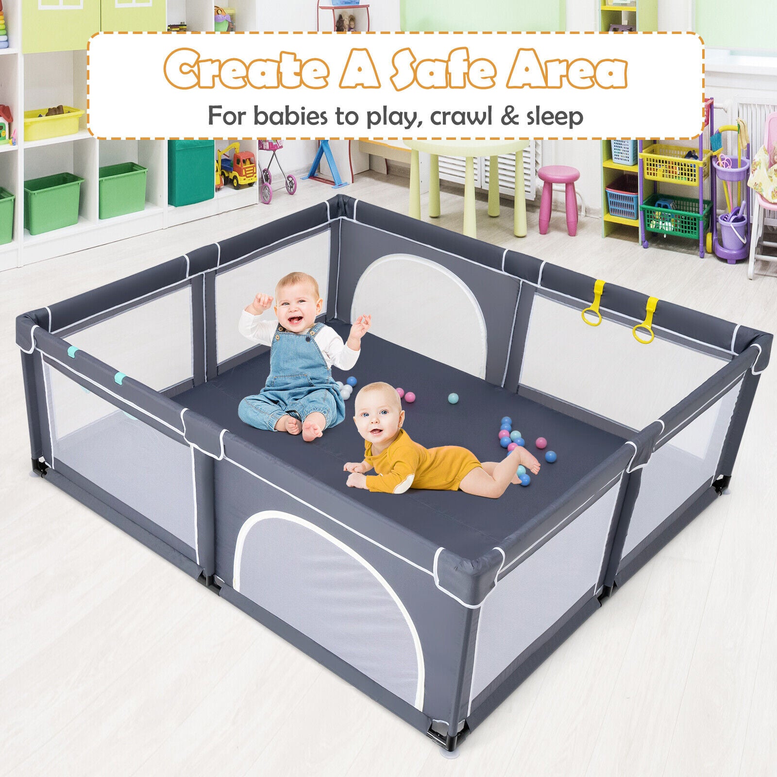 Large Infant Baby Playpen Safety Play Center Yard with 50 Ocean Balls-Blue - Dark Gray