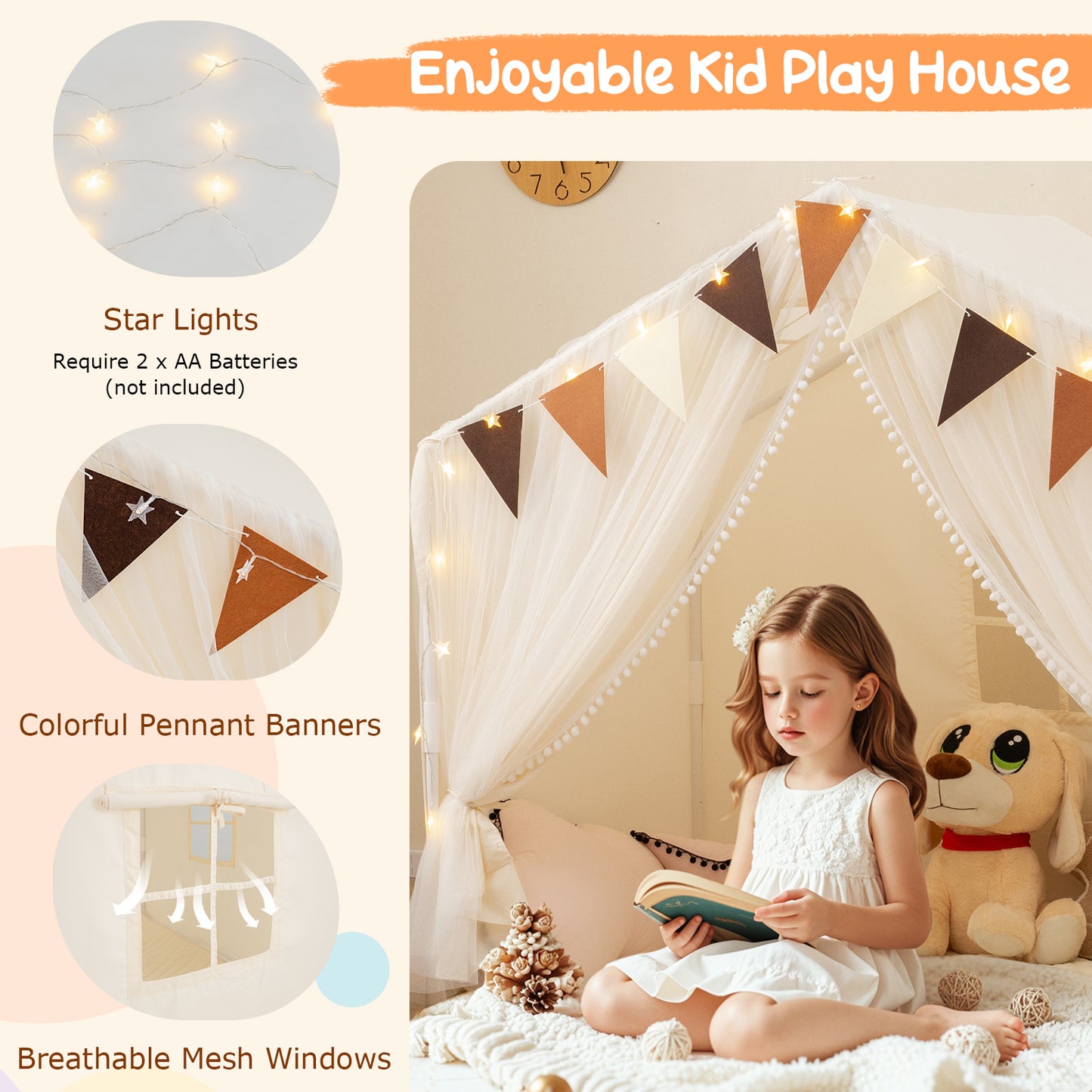 Large Toddler Playhouse Tent with Door Curtains Windows