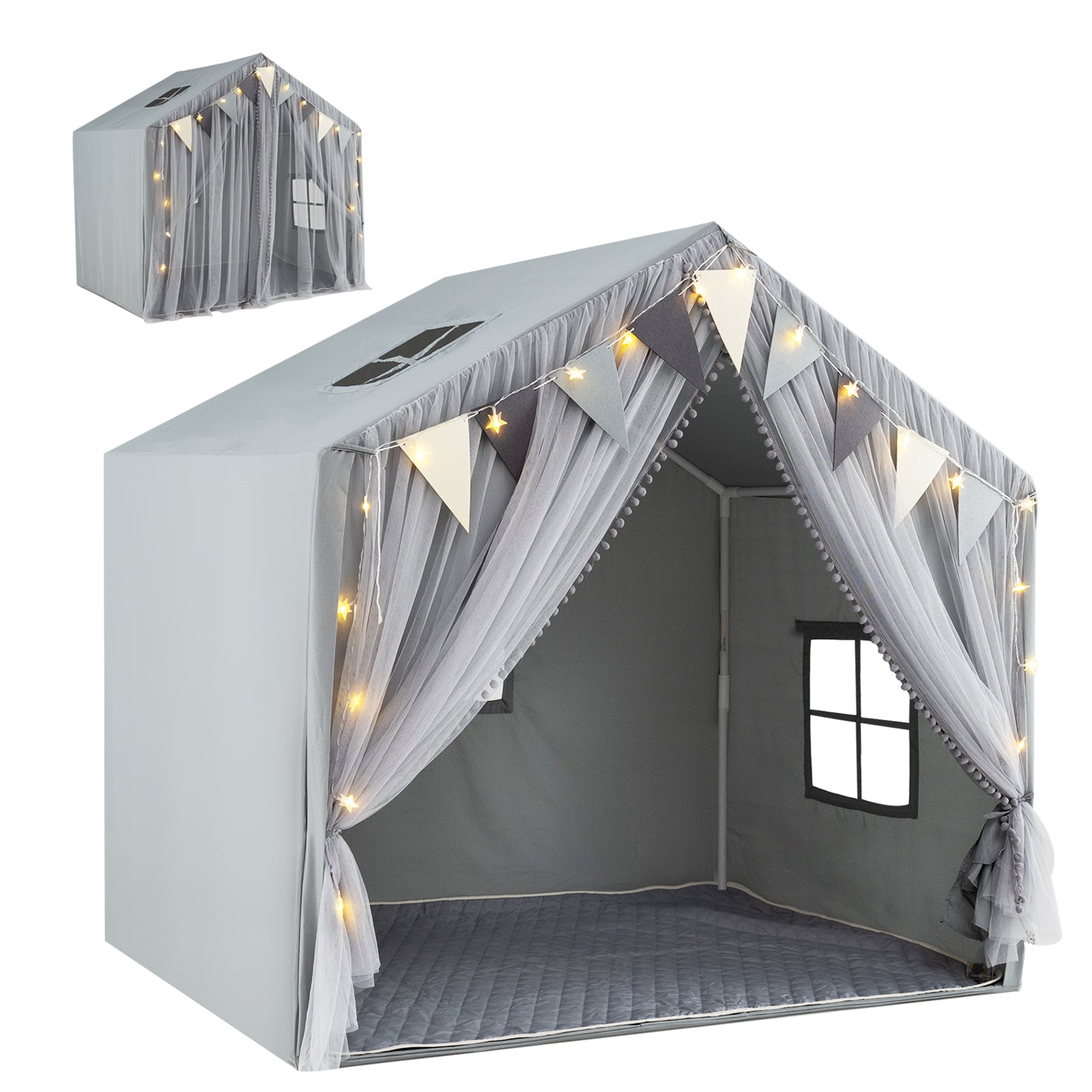 Large Toddler Playhouse Tent with Door Curtains Windows-Gray - Gray