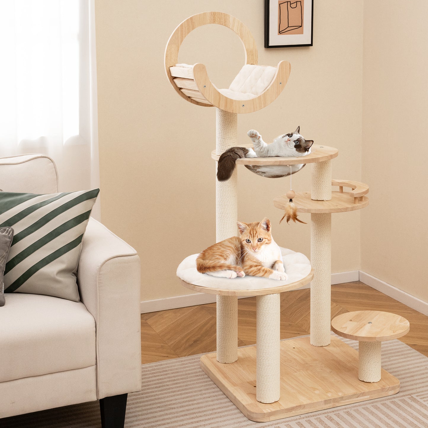 4-in-1 Large Wooden Cat Tower with Space Capsule Nest for Indoor Cats