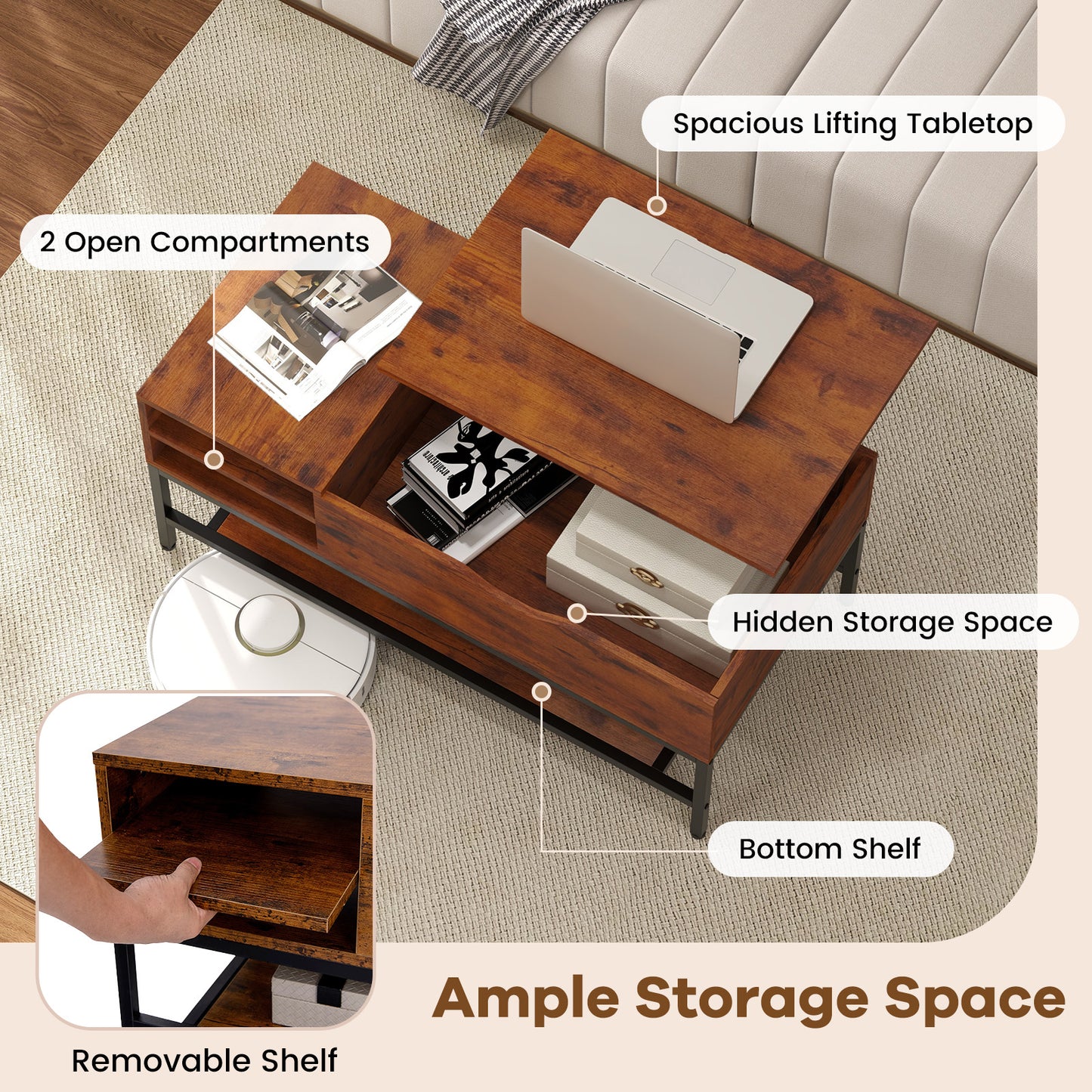 Lift Top Coffee Table with Hidden Compartment and Removable Storage Shelf-Rustic Brown