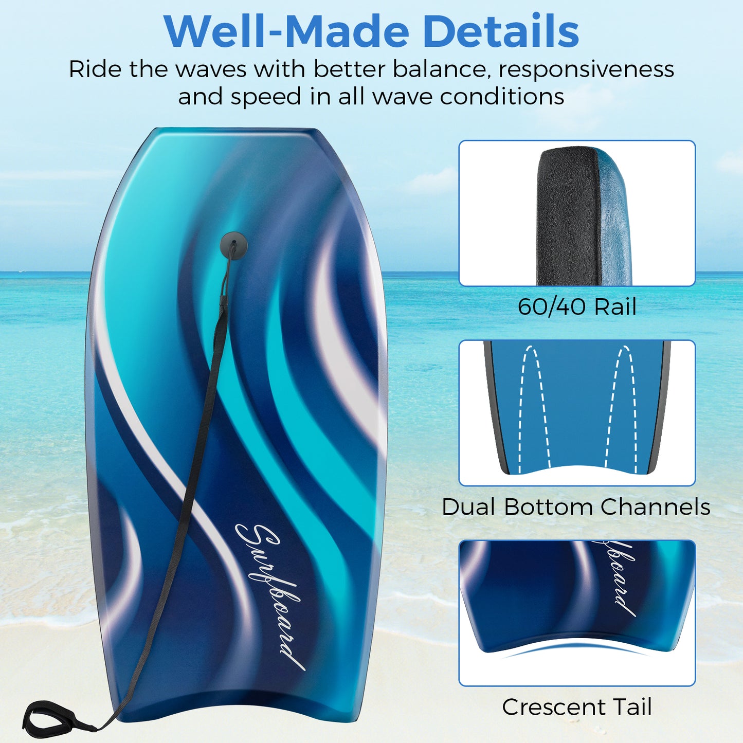 33/37/41 Inches Lightweight Body Board Boogie Board with EPS Core XPE Deck HDPE Bottom
