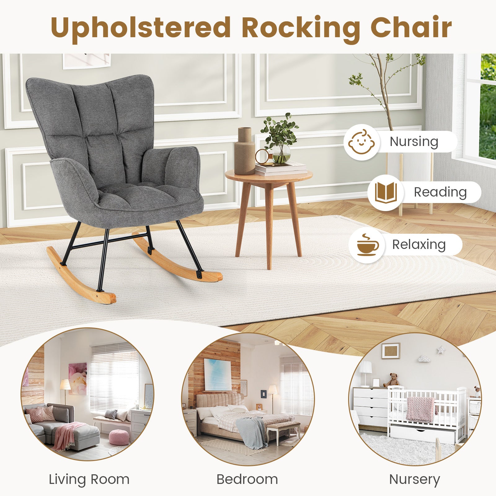 Linen Nursery Rocking Chair with High Backrest and Padded Armrests-Gray