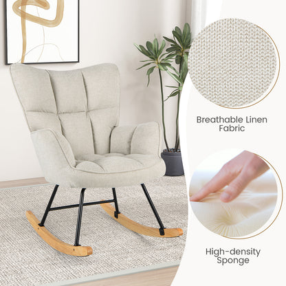 Linen Nursery Rocking Chair with High Backrest and Padded Armrests-White