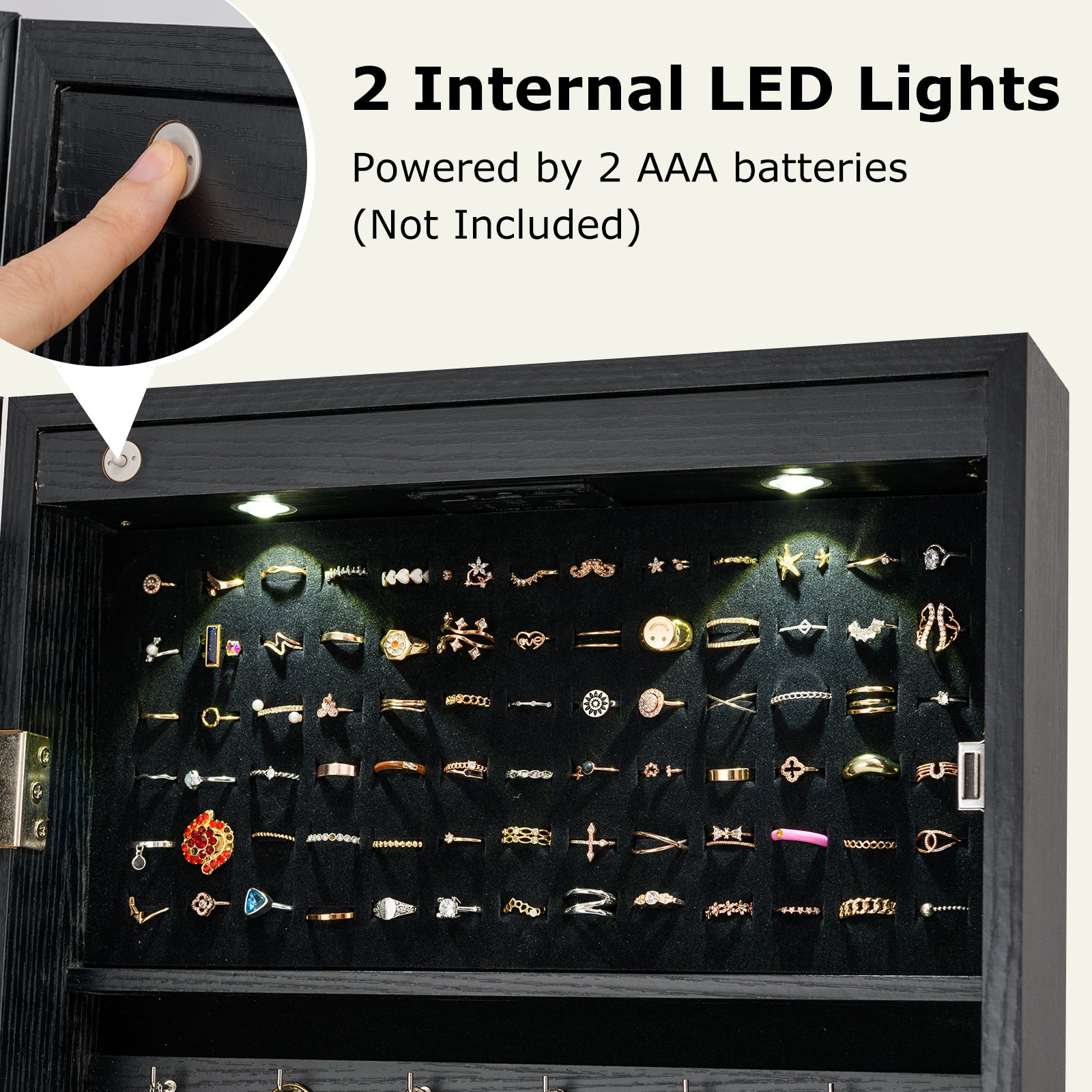 Lockable Freestanding Jewelry Cabinet Armoire with Full-Length Mirror and Lights-Black