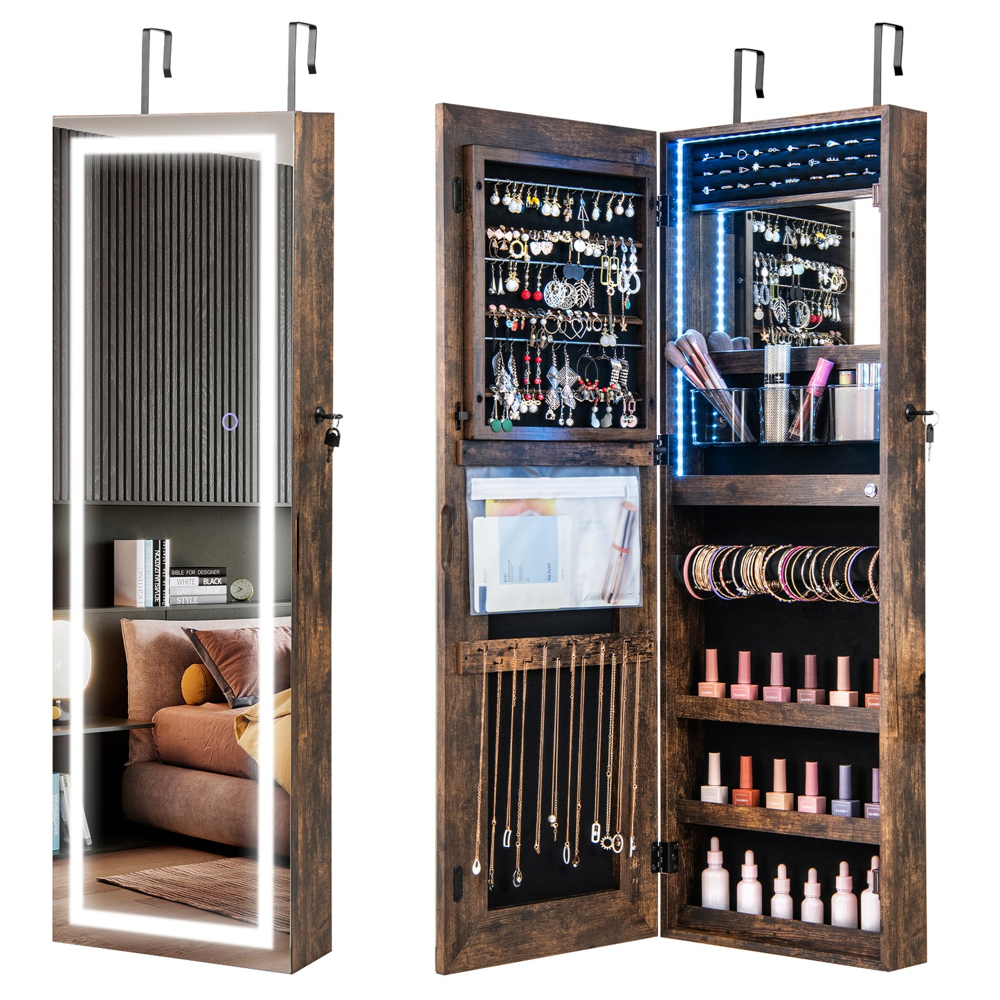 42.5 Inches Lockable Jewelry Mirror Wall Cabinet with 3-Color LED Lights-Black - Rustic Brown