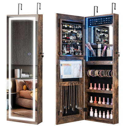 42.5 Inches Lockable Jewelry Mirror Wall Cabinet with 3-Color LED Lights-Black - Rustic Brown