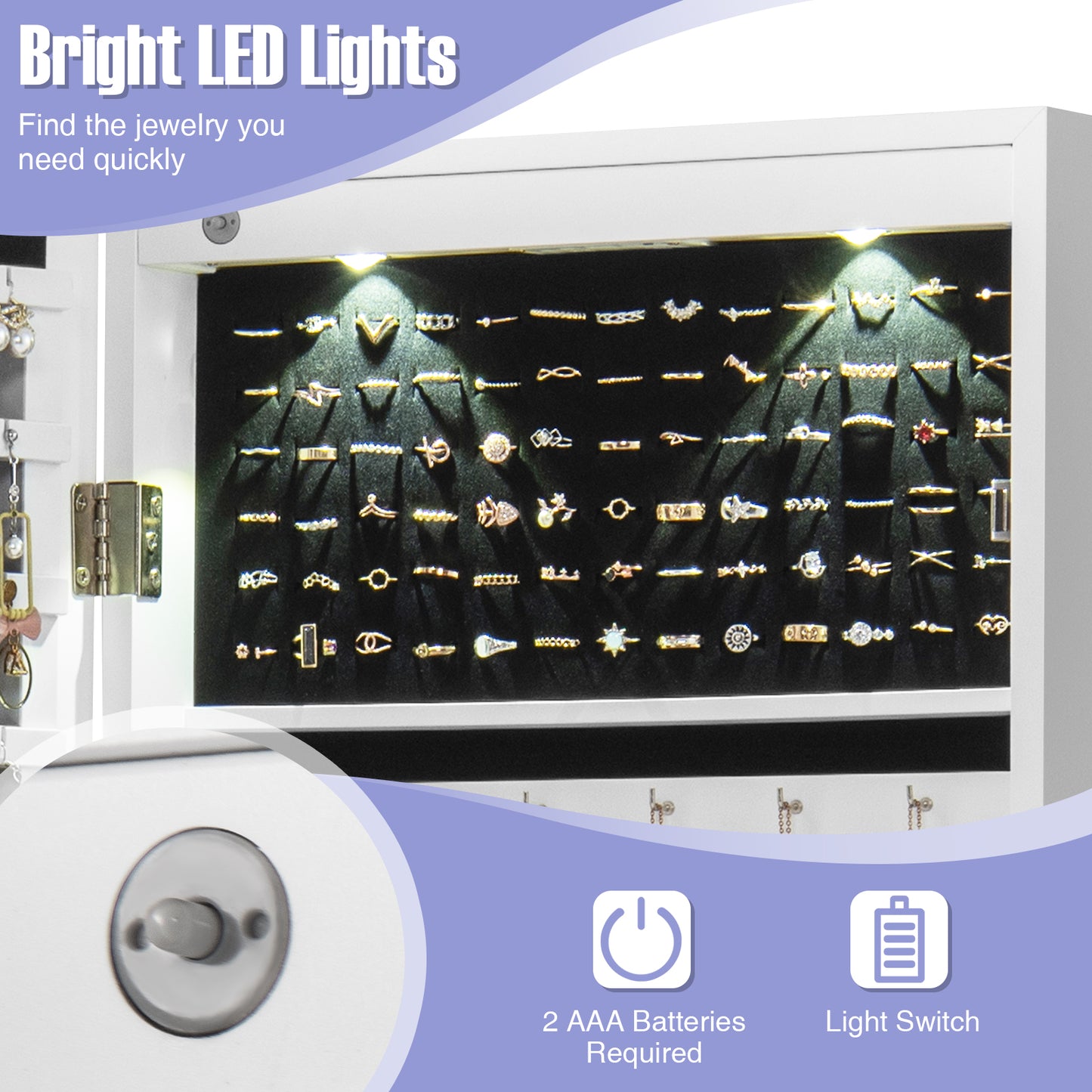 Lockable Wall Mount Mirrored Jewelry Cabinet with LED Lights-White