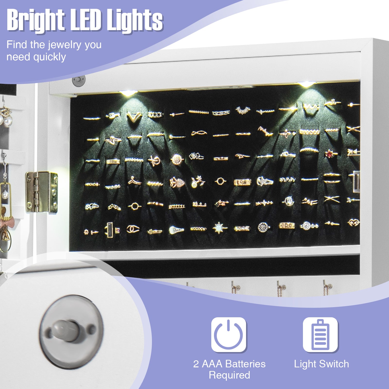 Lockable Wall Mount Mirrored Jewelry Cabinet with LED Lights-White