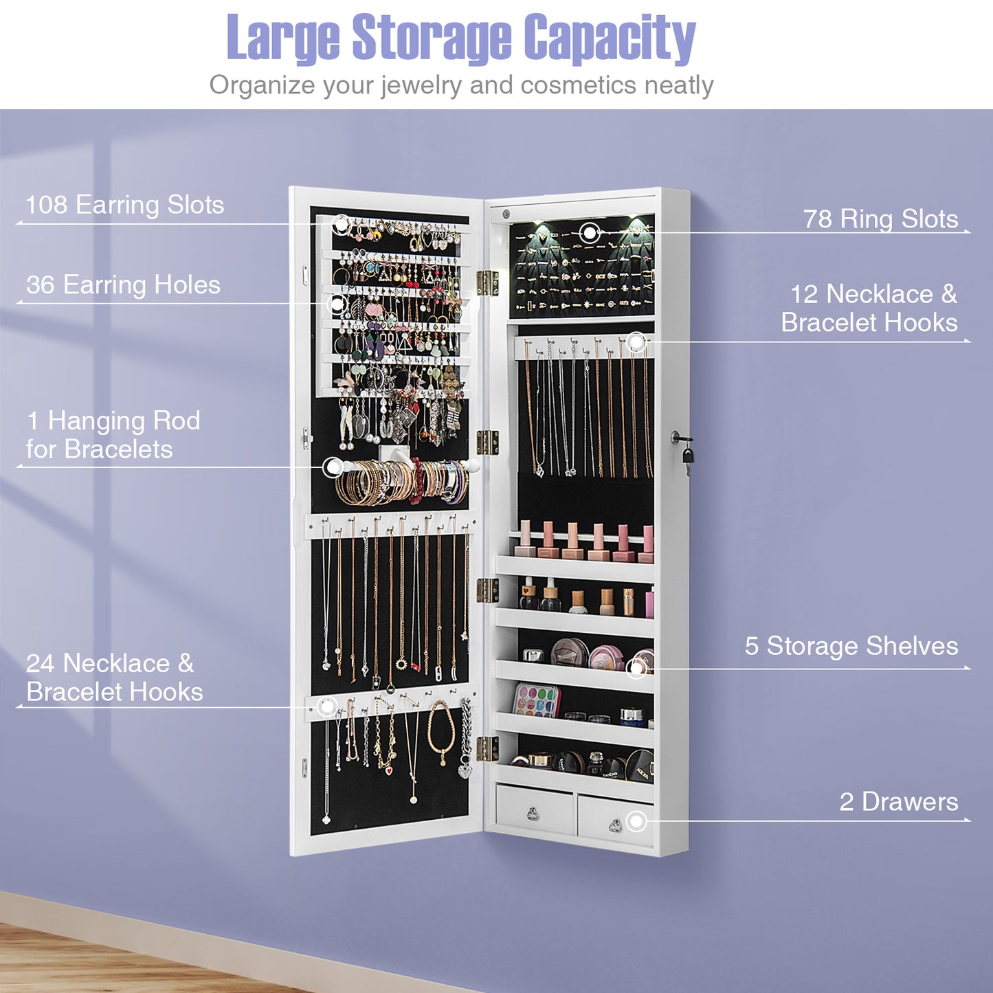 Lockable Wall Mount Mirrored Jewelry Cabinet with LED Lights-White