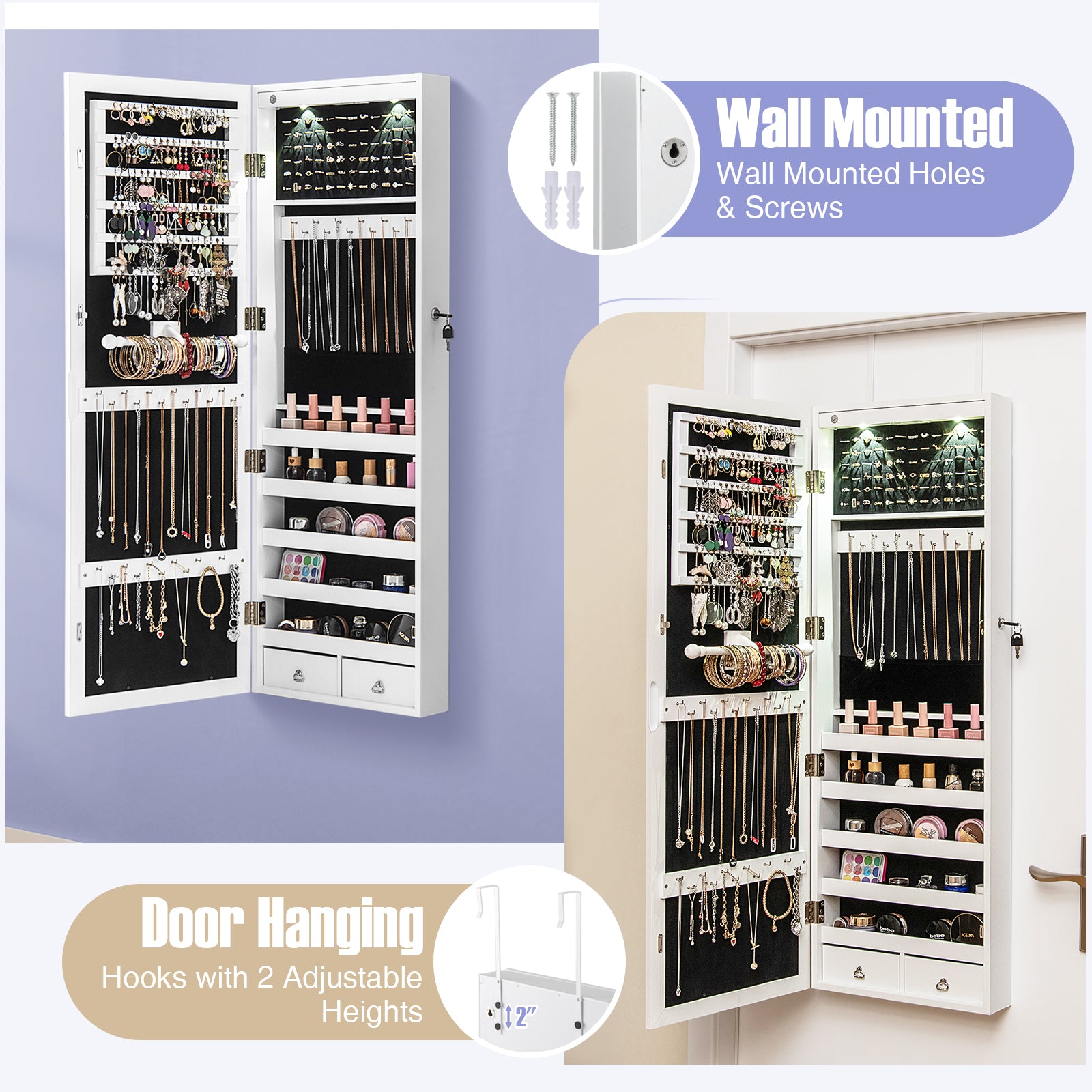 Lockable Wall Mount Mirrored Jewelry Cabinet with LED Lights-White