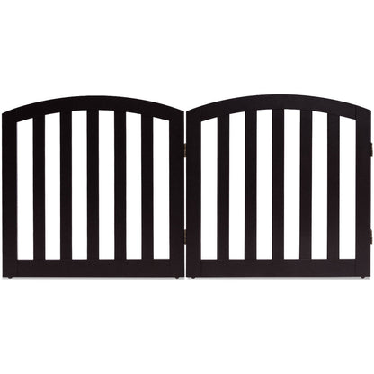 24 Inch 2 Panel Configurable Folding Free Standing Wooden Pet Safety Fence with Arched Top-Brown