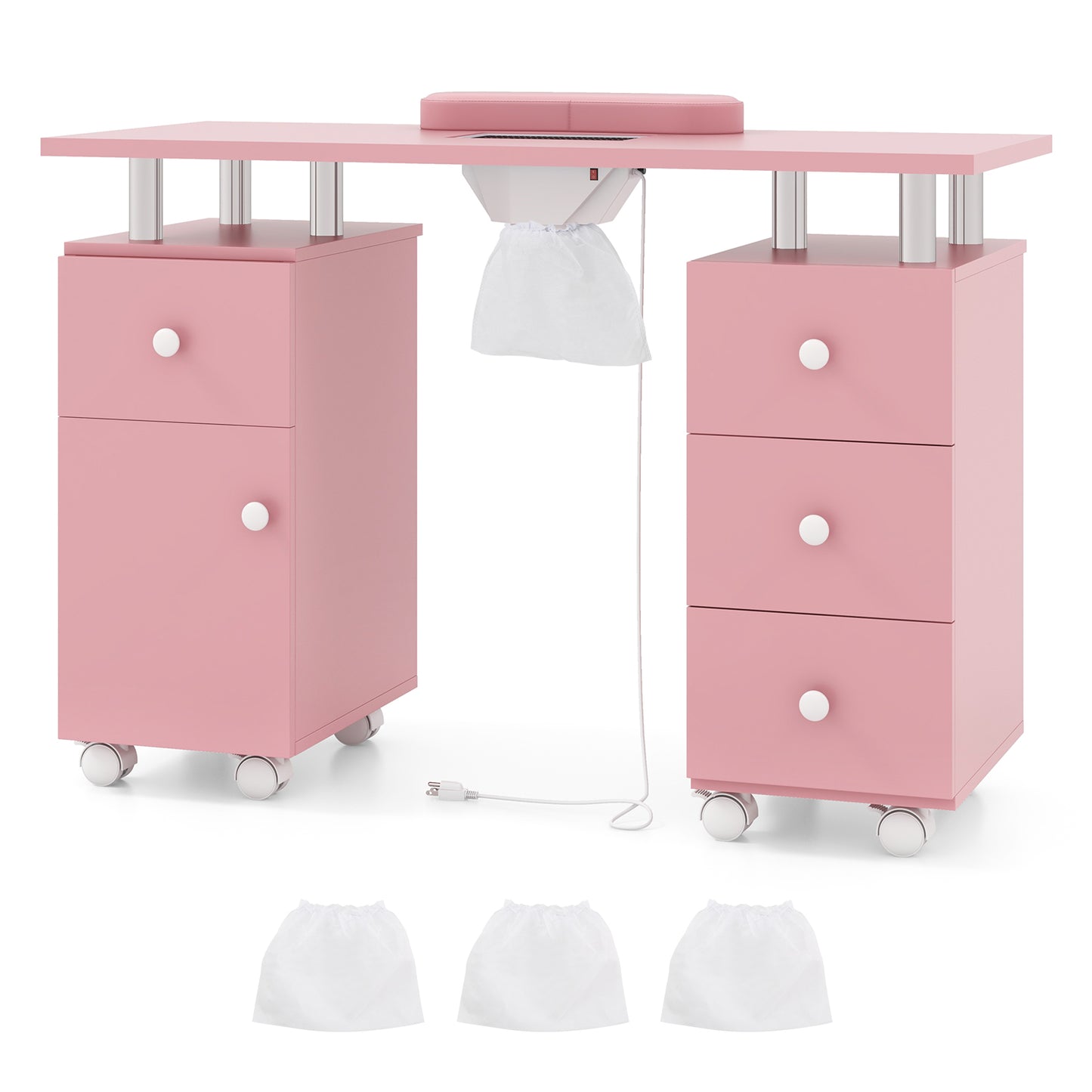 Manicure Table Nail Desk with Electric Dust Collector and 3 Dust Bags-Pink - Pink