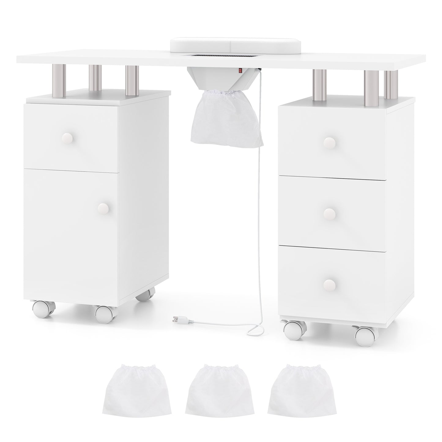 Manicure Table Nail Desk with Electric Dust Collector and 3 Dust Bags-Pink - White