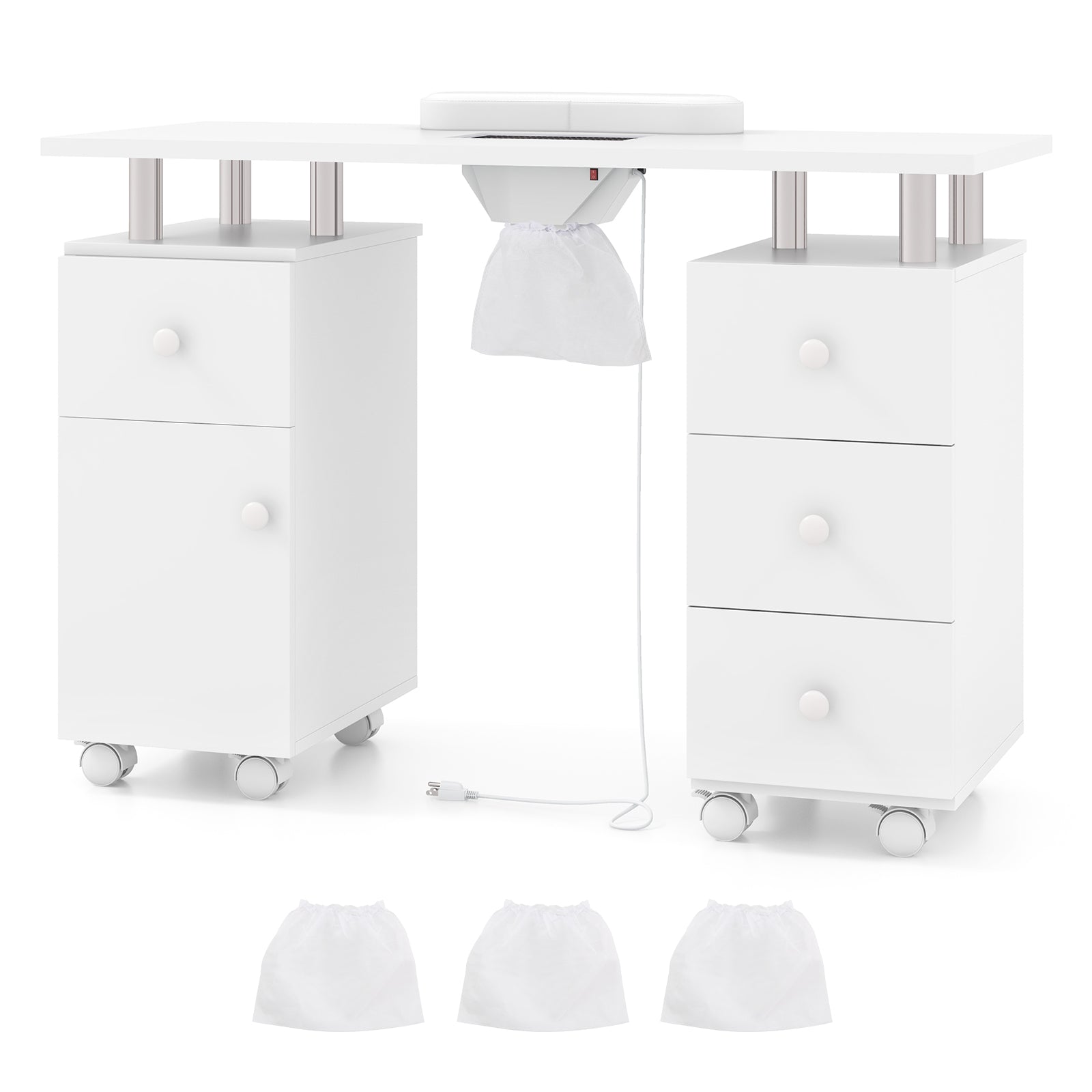 Manicure Table Nail Desk with Electric Dust Collector and 3 Dust Bags-Pink - White