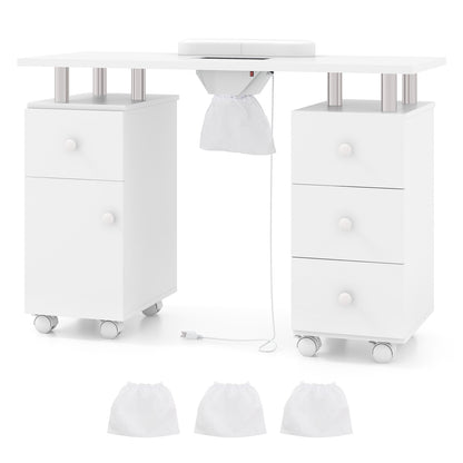 Manicure Table Nail Desk with Electric Dust Collector and 3 Dust Bags-Pink - White