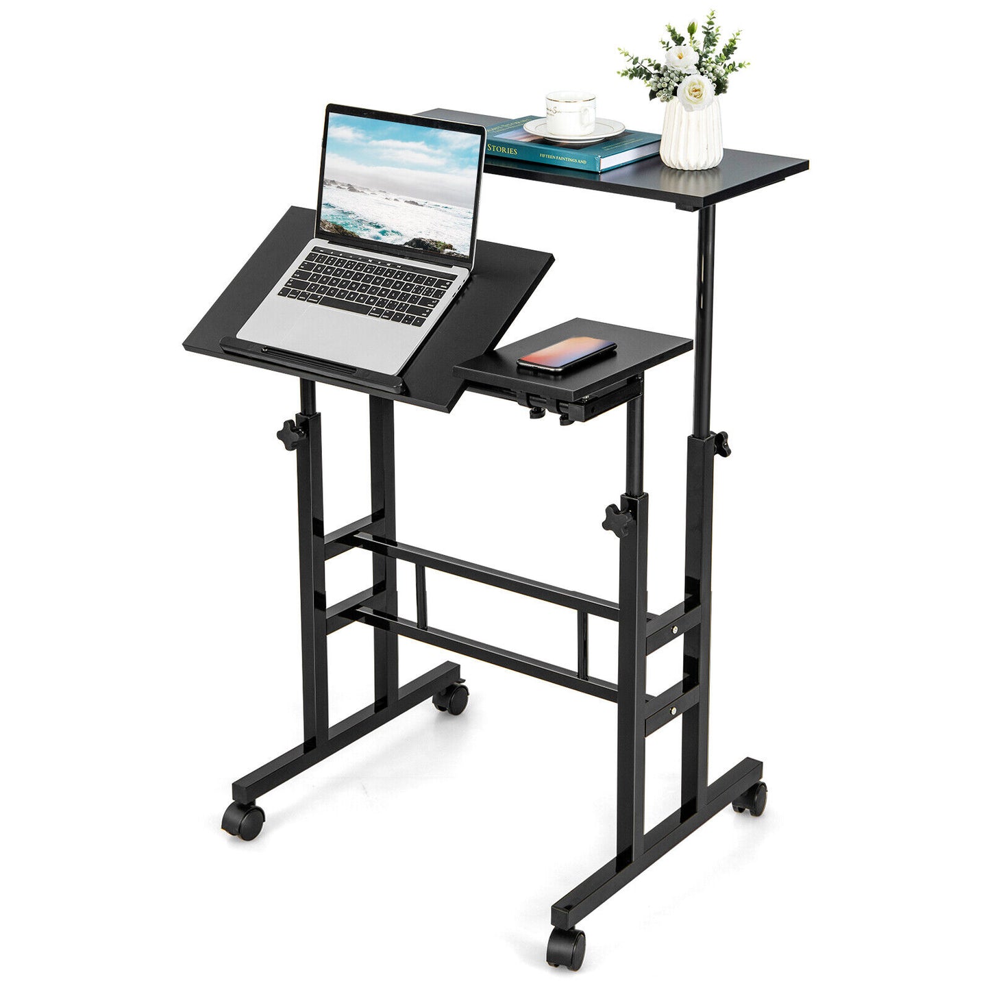 Mobile Standing up Desk Adjustable Computer Desk Tilting Workstation-Natural - Black