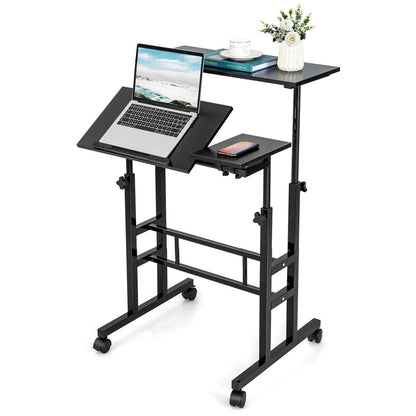 Mobile Standing up Desk Adjustable Computer Desk Tilting Workstation-Natural - Black