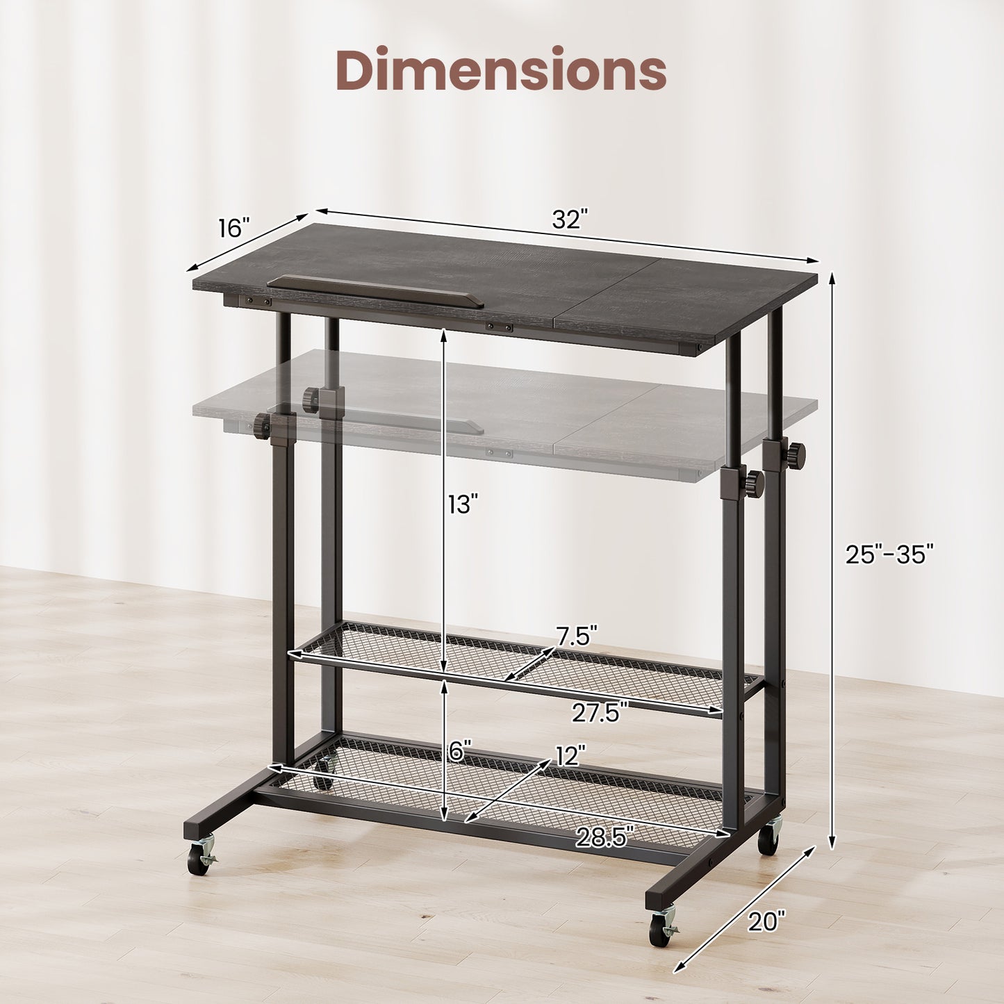Mobile Stand up Desk Height Adjustable Standing Table with Tilting Tabletop