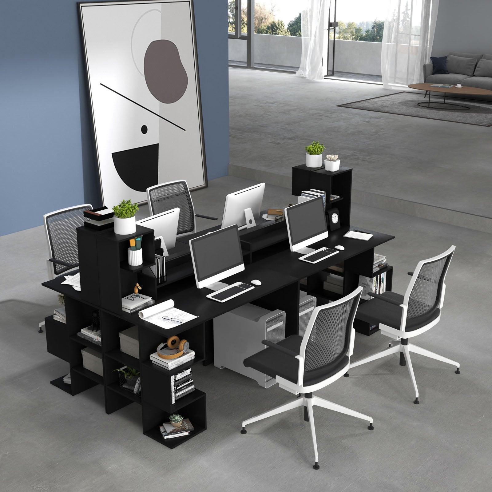 Modern Computer Desk with Storage Bookshelf and Hutch for Home Office-Black