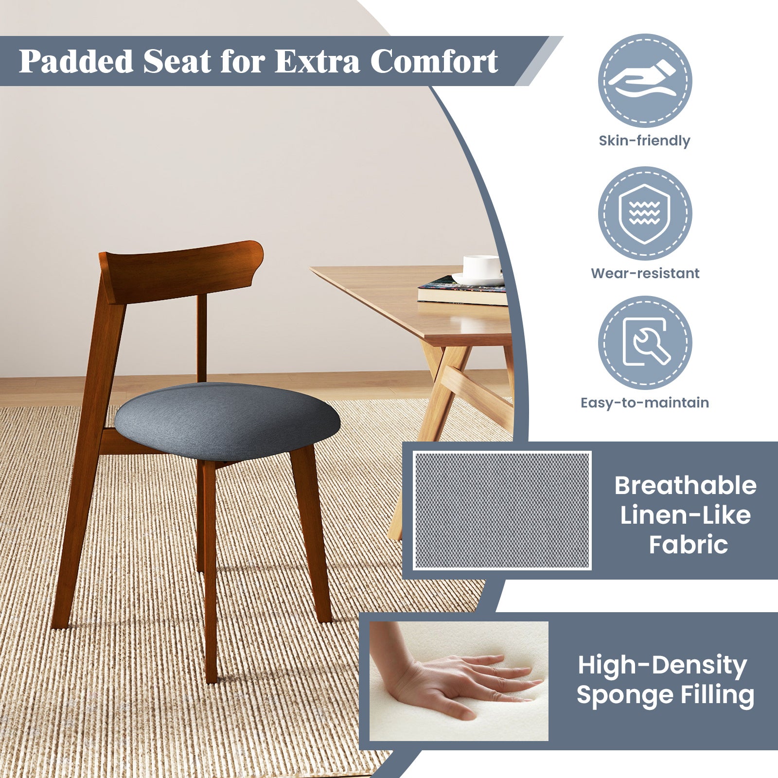 Mid-Century Modern Kitchen Chairs with Rubber Wood Frame and Padded Seat-Walunt