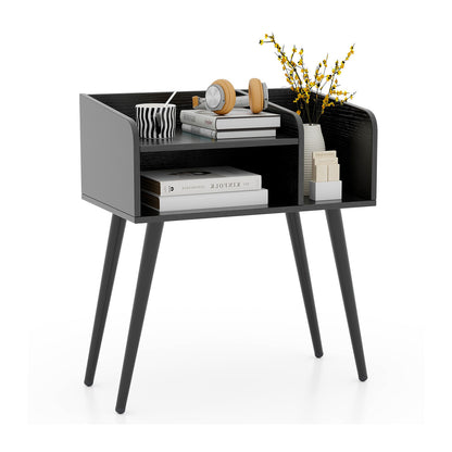 Mid Century Modern Nightstand with Open Shelves-Brown - Black