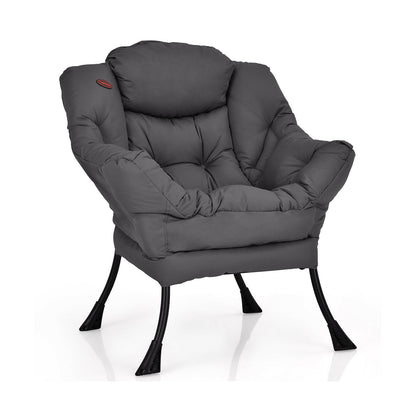 Modern Polyester Fabric Lazy Chair with Steel Frame and Side Pocket-Beige - Gray