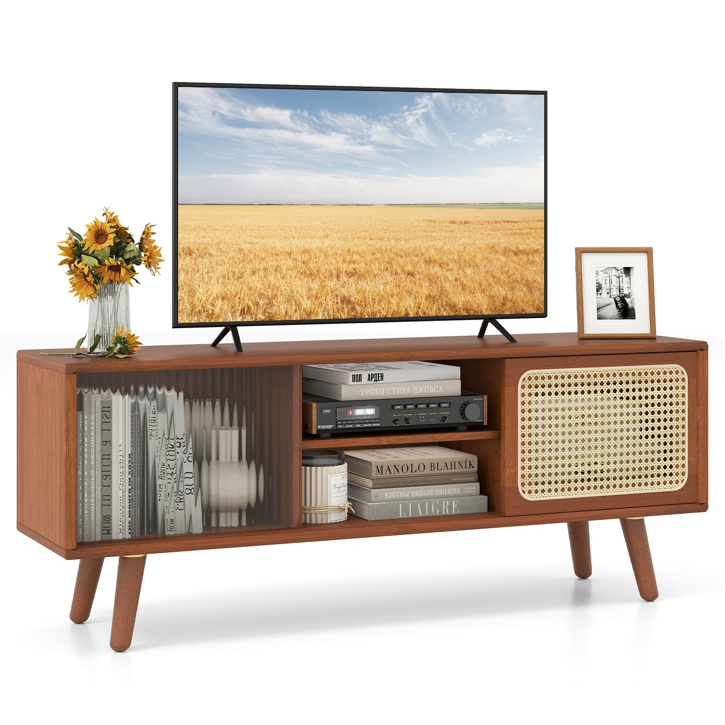 Modern TV Stand with Rattan Glass Sliding Doors