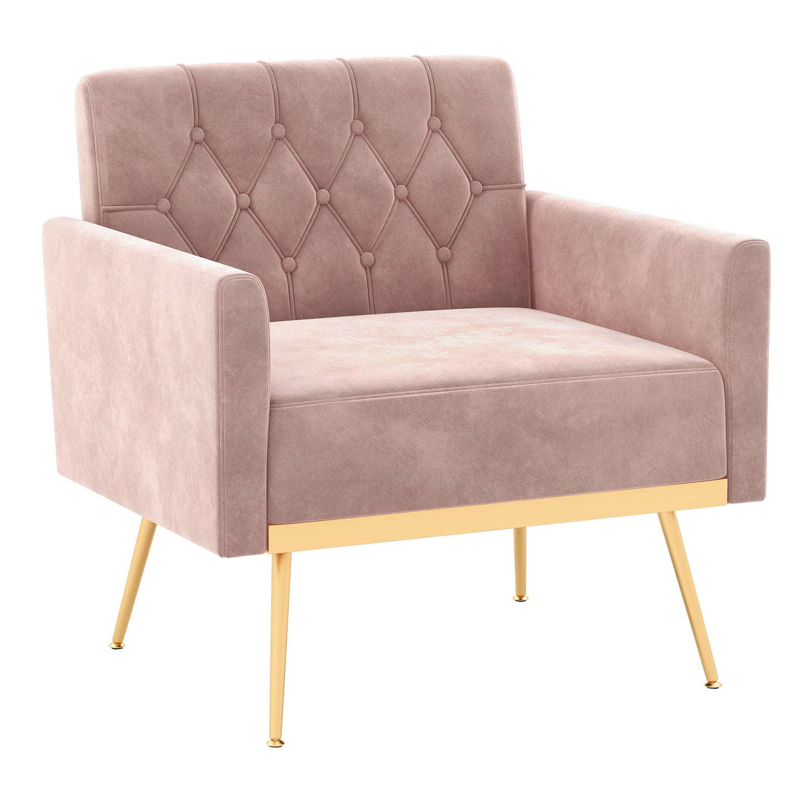 Modern Velvet Accent Chair with Button Tufted Back Golden Metal Legs and Adjustable Foot Pads-Pink - Pink