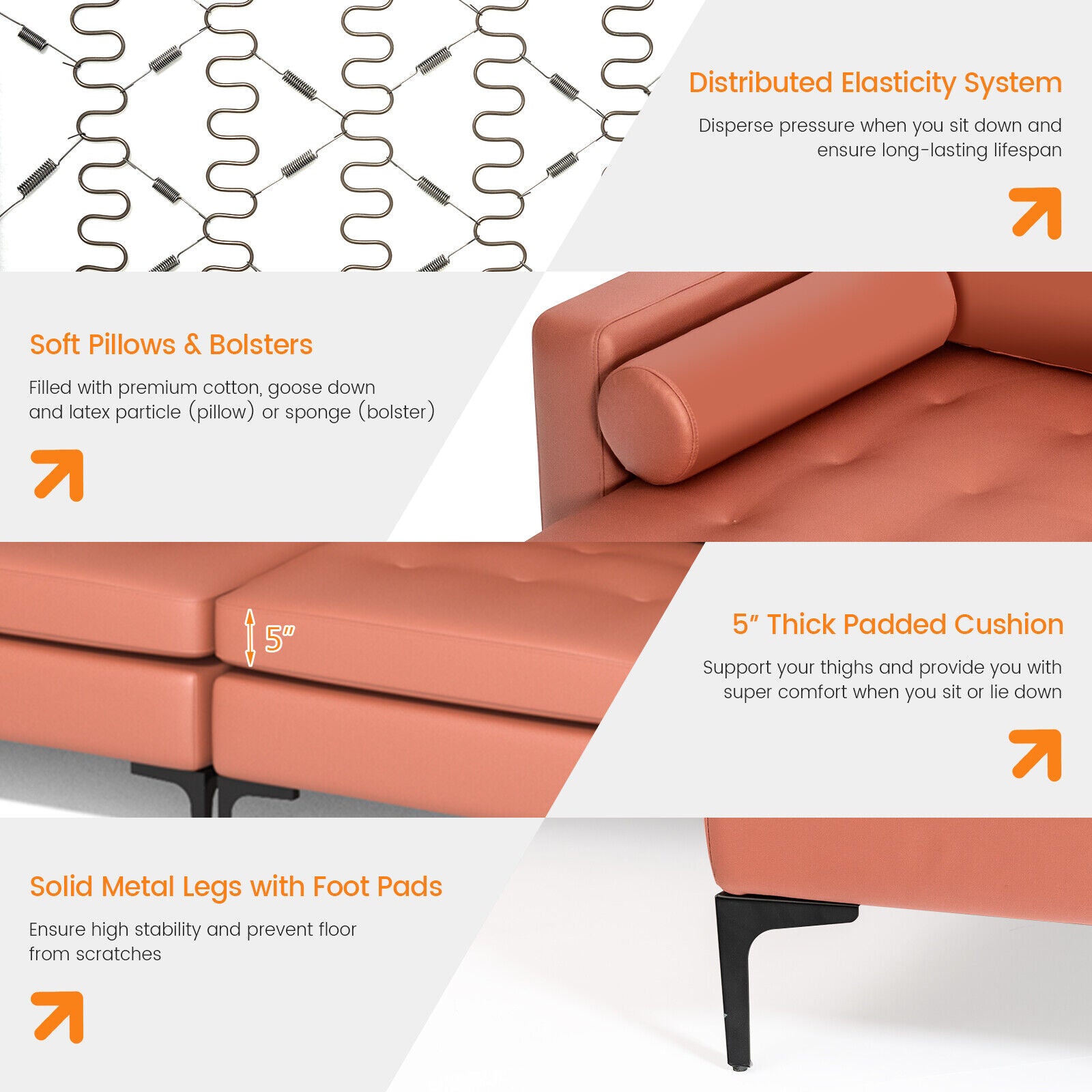 Modular L-shaped 4-Seat Sectional Sofa with Reversible Chaise and 2 USB Socket