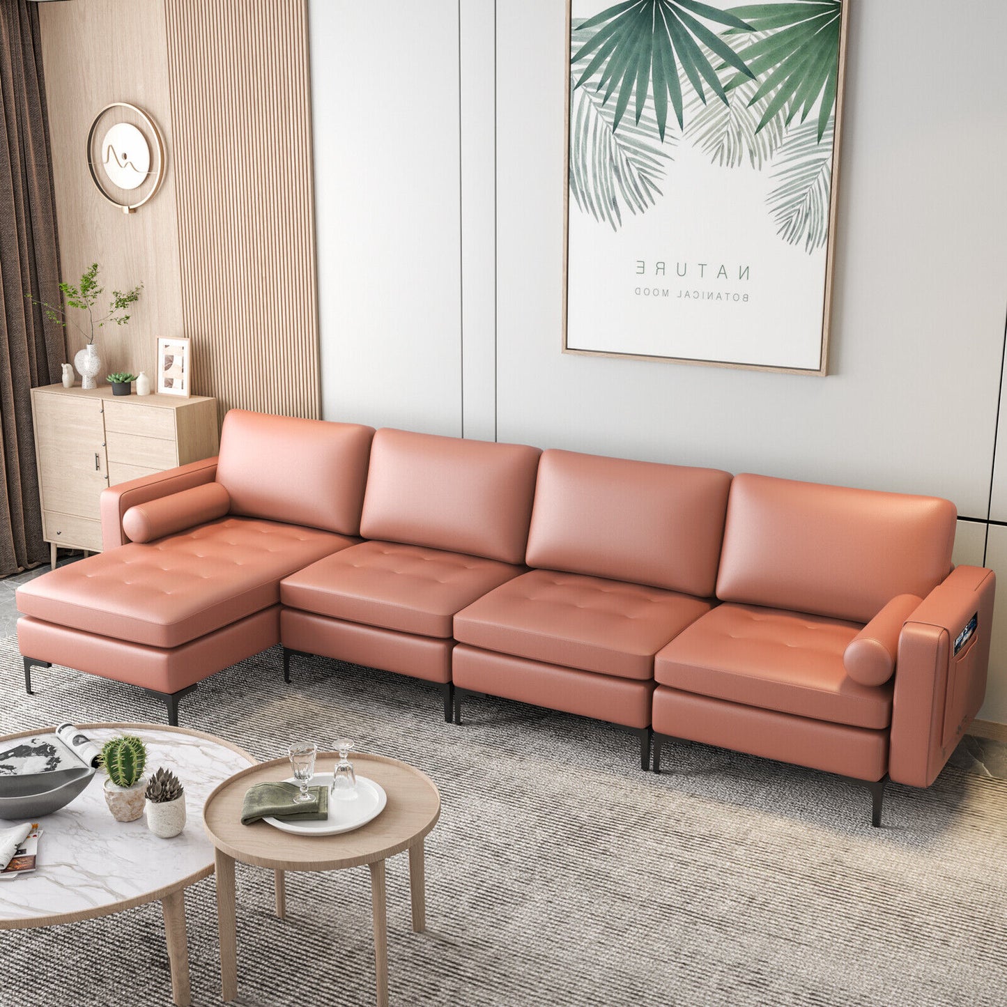 Modular L-shaped 4-Seat Sectional Sofa with Reversible Chaise and 2 USB Socket