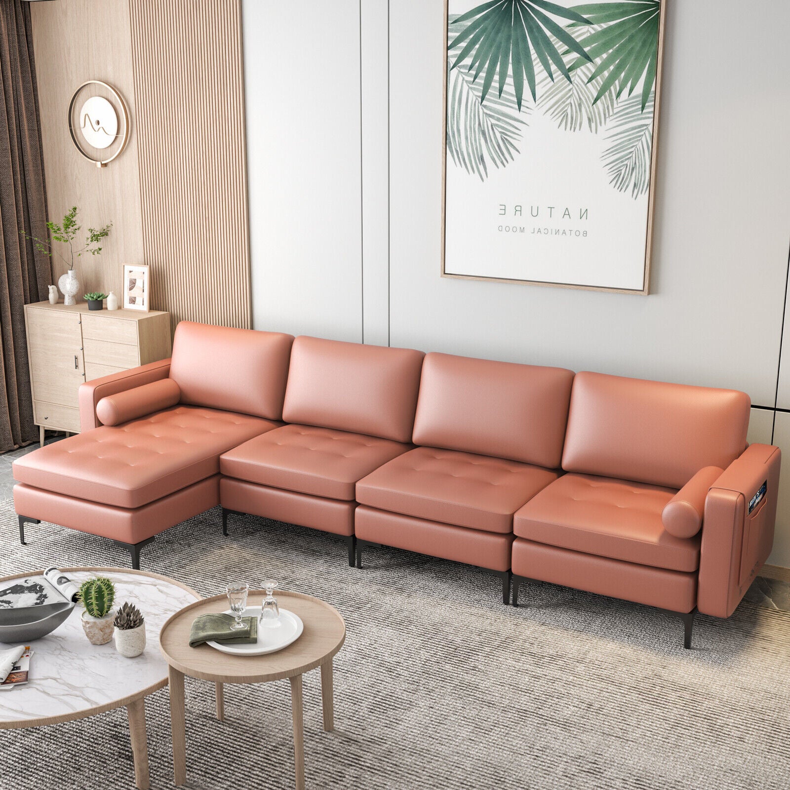 Modular L-shaped 4-Seat Sectional Sofa with Reversible Chaise and 2 USB Socket